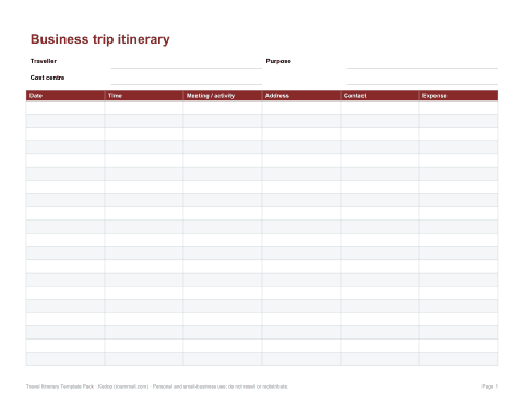 Preview of the first page of Business itinerary (PDF/DOCX/XLSX)