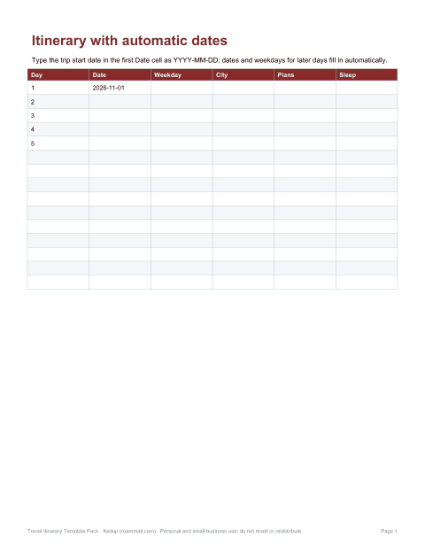 Preview of the first page of Excel itinerary (XLSX)
