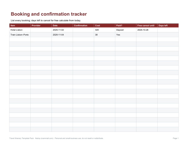 Preview of Printable Travel Booking Tracker