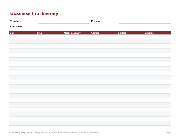 Preview of Printable Business Itinerary Template