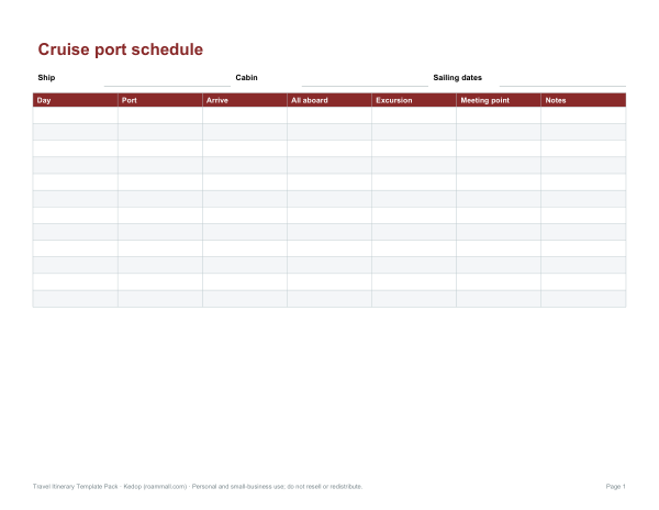 Preview of Printable Cruise Schedule Template