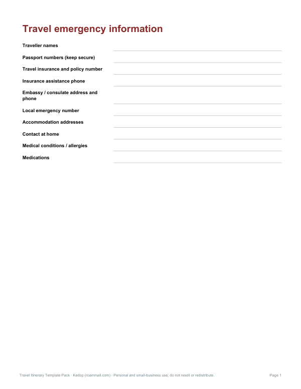 Preview of Printable Travel Emergency Sheet