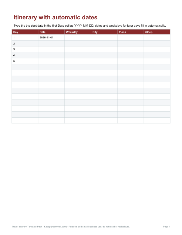Preview of Printable Travel Itinerary Template