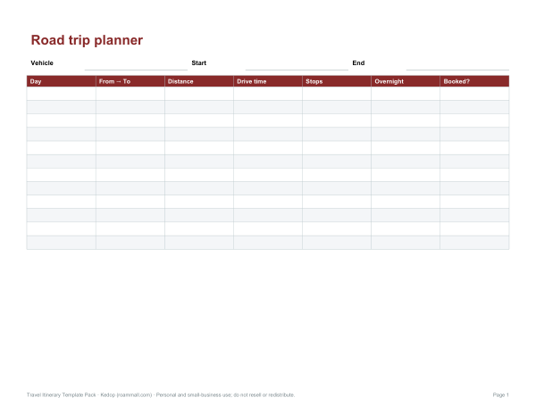 Preview of Printable Road Trip Planner